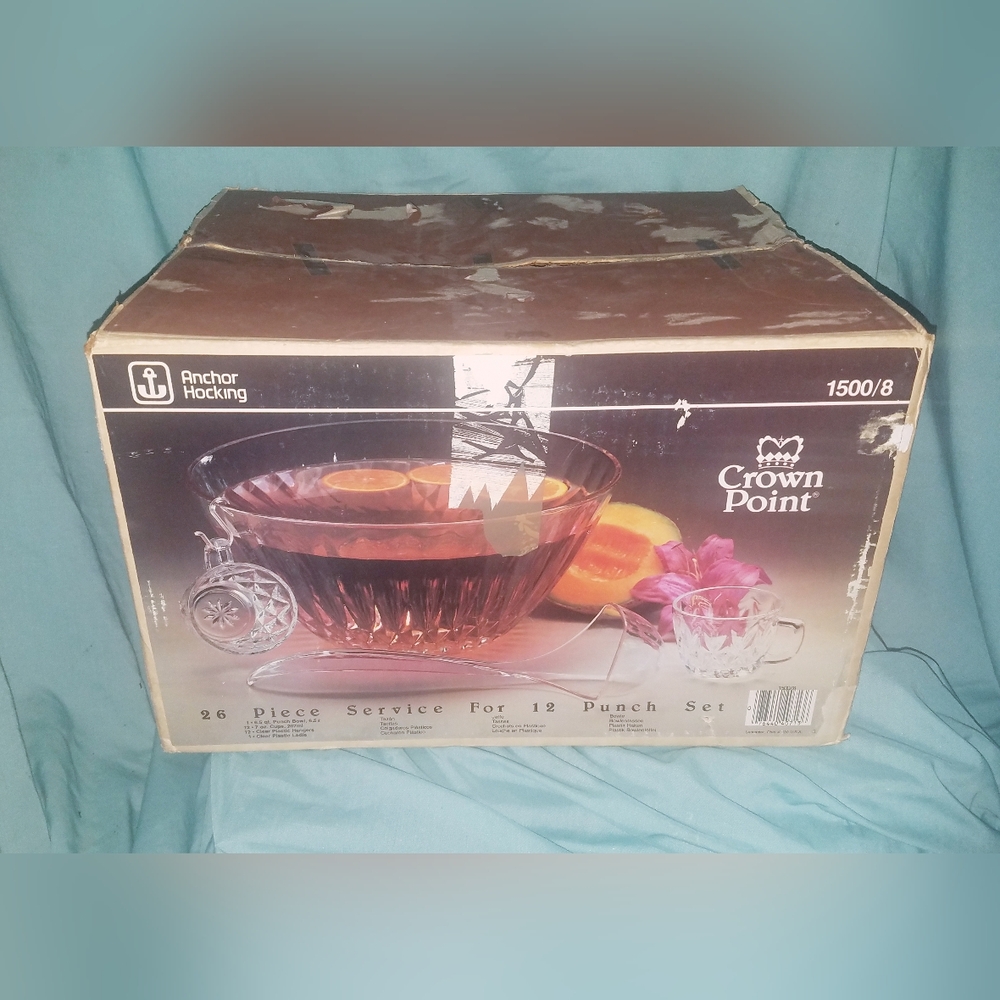 Vintage Anchor Hocking 12 Cup Crown Point Glass Punch Bowl Set 1500/8 Good Cond.